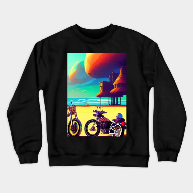 SURREAL RETRO MOTORCYCLES ON THE BEACH Crewneck Sweatshirt by sailorsam1805